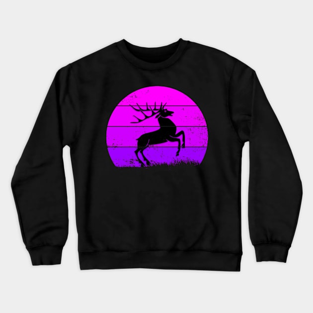 Purple Sun Retro Deer Silhouette Sun Stag Shadow Hunters lovers Gift Crewneck Sweatshirt by BijStore